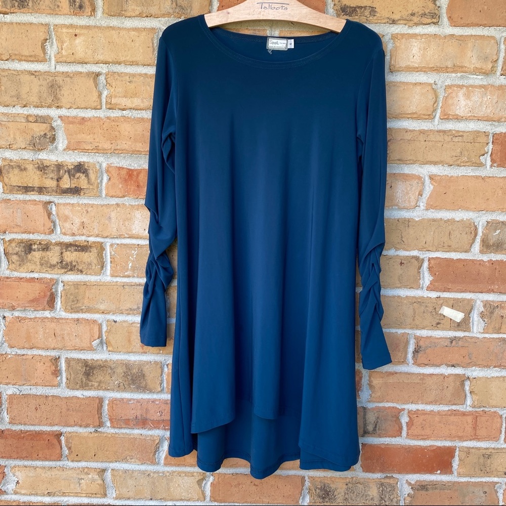 Sympli Crunched Sleeves Lagenlook Blue Tunic Dress Size 6 Handkerchief Hem